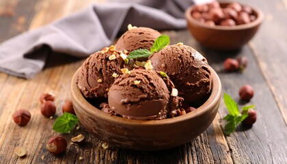 Scoops of chocolate ice cream with chopped nuts and mint garnish