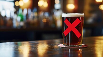 No beer allowed. Pint glass with a red X on a bar top, prohibition concept.