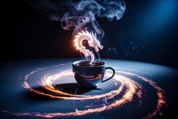 Coffee cup dragon smoke fire ring glow blue dark surreal fantasy mythical background