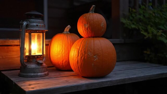 Lantern illuminates stacked pumpkins on a rustic wooden porch in autumn atmosphere
