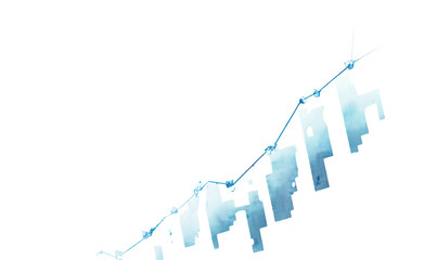 Aqua chart depicting upward trend with blocky bar graph on black