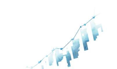 Aqua chart depicting upward trend with blocky bar graph on black