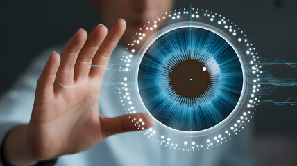 Human eye with futuristic digital interface, vision of the future, AI technology concept