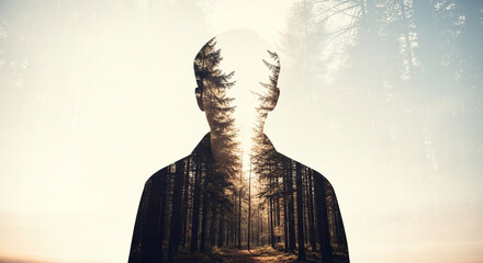 Double exposure of a persons silhouette and a forest with sunlight shining through the trees, creating a sense of nature and introspection