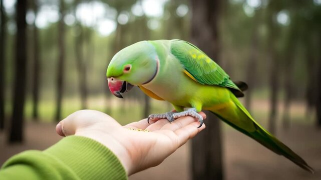 Green ringneck parrot eating seeds from open hand gentle interaction with human outdoors in
