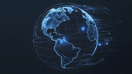 Global network connections with glowing world map for technology and data visualization