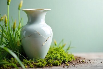Fragile Legacy A Broken Porcelain Vase Amidst Overgrown Weeds, Symbolizing Europes Vulnerable Heritage