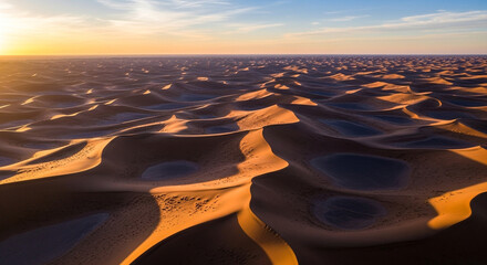 The sun sets over the endless desert, painting the sand dunes with warm hues and creating a breathtaking panorama of natural beauty and serenity