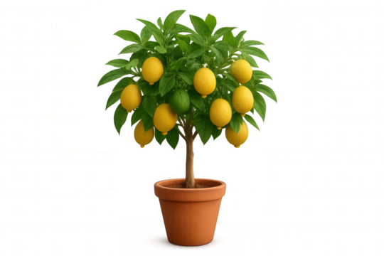 Lemon tree in terracotta pot, ripening yellow fruit, growing green leaves, transparent background