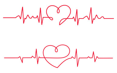 Two interconnected heart shapes integrated into a continuous red electrocardiogram line on white background