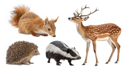 Wildlife friends featuring a squirrel, a deer with antlers, a badger, and a hedgehog for nature and animal lovers, perfect for educational content