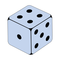 A light blue isometric die showing the numbers three four and six with black pips
