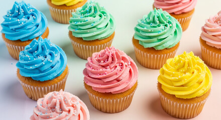 An enticing assortment of pastelfrosted cupcakes, each with a unique swirl of color and delicate sugar sprinkle, arranged on a pristine surface, creating a visually appealing and delectable display