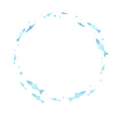 水彩風　魚が泳ぐ青い円形フレーム