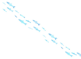 水彩風　青い魚たちが斜めに泳ぐイラスト
