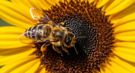 A closeup captures a honeybee diligently gathering nectar from a vibrant sunflower, showcasing the intricate details of both the bees anatomy and the flowers texture