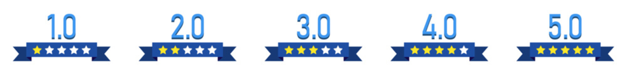 Set of 5-star rating badges with numbers and ribbon design for review, feedback, and ranking icons. isolated vector illustration on white background.