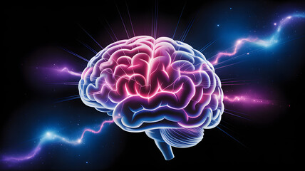 Dynamic glowing brain with vibrant energy lightning sparks symbolizing insight and innovation