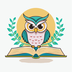 Adorable owl perched atop an open book, symbolizing knowledge and wisdom illustration