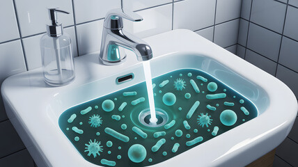 Water flowing into sink filled with glowing microscopic germs and bacteria, promoting hygiene awareness