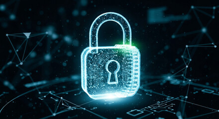A futuristic digital padlock symbolizes cybersecurity, data protection, and network security in a connected world, ensuring privacy and preventing cybercrime