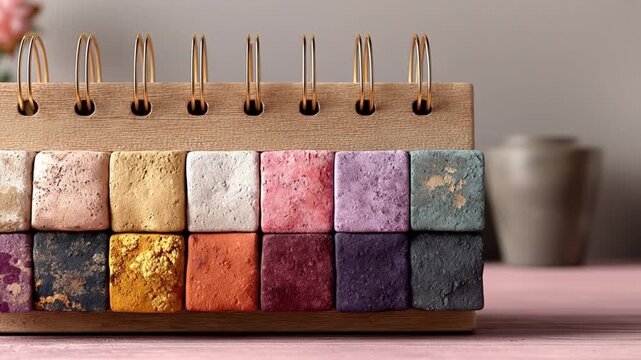 Assortment of colorful square objects in wooden display stand studio shot