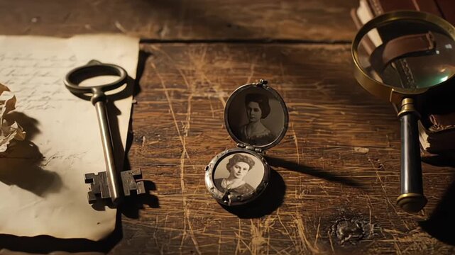 Vintage locket with portraits, antique key, magnifying glass and old manuscript