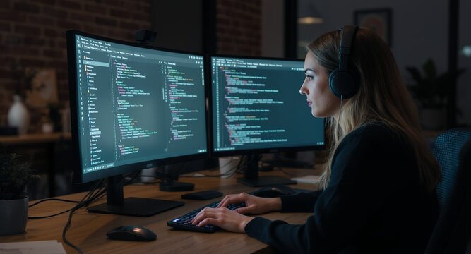 Concentrated Professional Working on Computer Code Across Dual Monitors, Illustrating Software Development, IT Solutions, and Digital Productivity in a Modern Digital Environment at Night