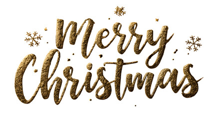 Elegant Christmas greeting card with handwritten “Merry Christmas” in gold calligraphy and tiny snowflake accents, isolated on white background