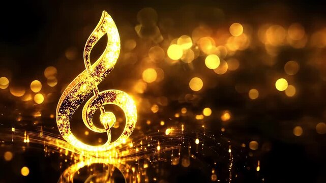 Golden treble clef with musical notes and bokeh lights. Elegant and festive.