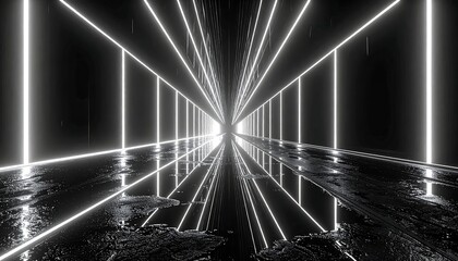 Futuristic, glossy black corridor with neon lights, creating a symmetrical perspective