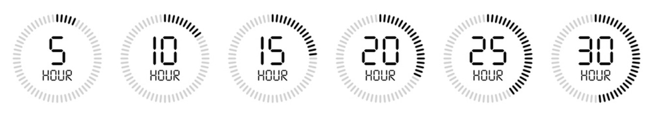 Flat style stopwatch icons from 5 hours to 30 hours clock face timer on white background. Countdown clock timer. Hours counting collection. Vector illustration.