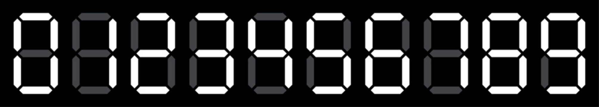 Digital electronic figures icon set. Seven segment digital numbers. LED digits display icon. Digital display number set for sign, alarm, calculator, clock, light, electronic, computer, watch, time.