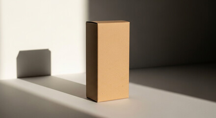 Minimalist shot of a brown cardboard box isolated on white background, showcasing product packaging and design with simple elegance