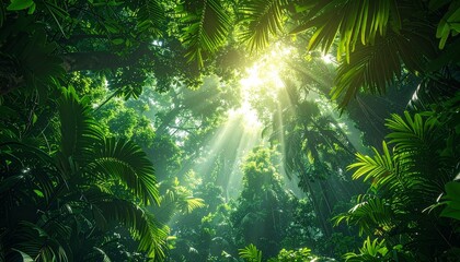 Fototapeta premium Sunlight streaming through dense jungle foliage, illuminating the vibrant green leaves of
