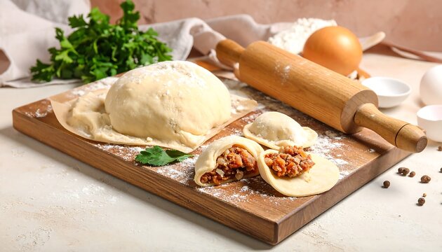 Dough and filling sit with a rolling pin on a wooden cutting board