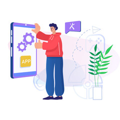 Man In Red Hoodie Standing Next To A Large Smartphone With App Screen And Gears Icon In A Modern Digital Environment