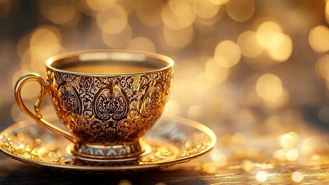 Elegant gold teacup and saucer with intricate design on a bokeh background.