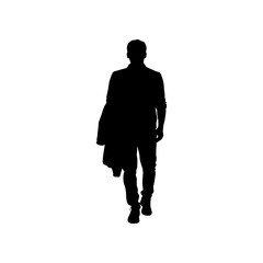Silhouette of man walking with jacket in hand on white background, confident male figure in casual outfit and stylish young man outline vector illustration design