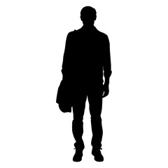 Fototapeta premium Silhouette of man standing with jacket in hand on white background, confident male figure in casual outfit and stylish young man outline vector illustration design