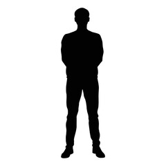 Silhouette of man standing with hands behind back on white background, calm male figure full body outline and confident young man vector illustration design