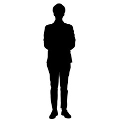 Silhouette of man standing with arms crossed on white background, confident male figure in formal outfit and stylish businessman outline vector illustration design