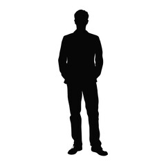 Silhouette of man standing with hands in pockets isolated on white background