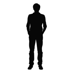 Silhouette of man standing with hands in pockets on white background, casual male figure full body outline and modern young man vector illustration design