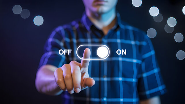 Man's finger activates glowing toggle switch from OFF to ON, symbolizing decision and action