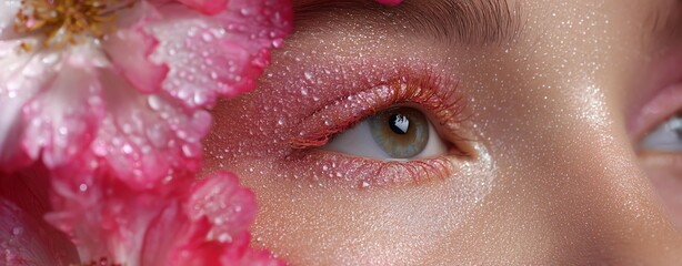 Digital bloom - Close-up of Eye with Pink Petals and Dew Drops for Beauty Concept - Botanical elegance