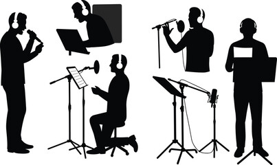 Fototapeta premium People recording vocals with microphone and headphones, music studio voice recording session, singer performing sound production flat vector illustration