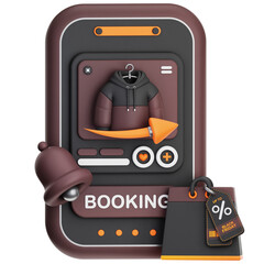 A 3D illustration of an online clothing booking app interface, featuring a jacket, shopping bag, and notification bell.