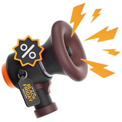3D Megaphone Promotion with Black Friday Tag and Percentage Symbol Accents on Transparent Background