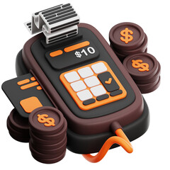 3D Rendered Credit Card Machine with Coins and Cards Showing Ten Dollar Amount for Financial Transactions and Payments